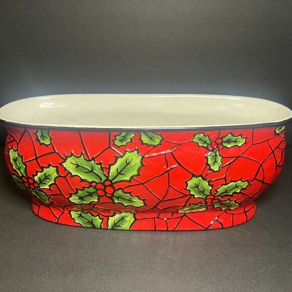 Red Green Ceramic Holly Leaf & Berries Oval Christmas Holiday Planter 13 x 5.25